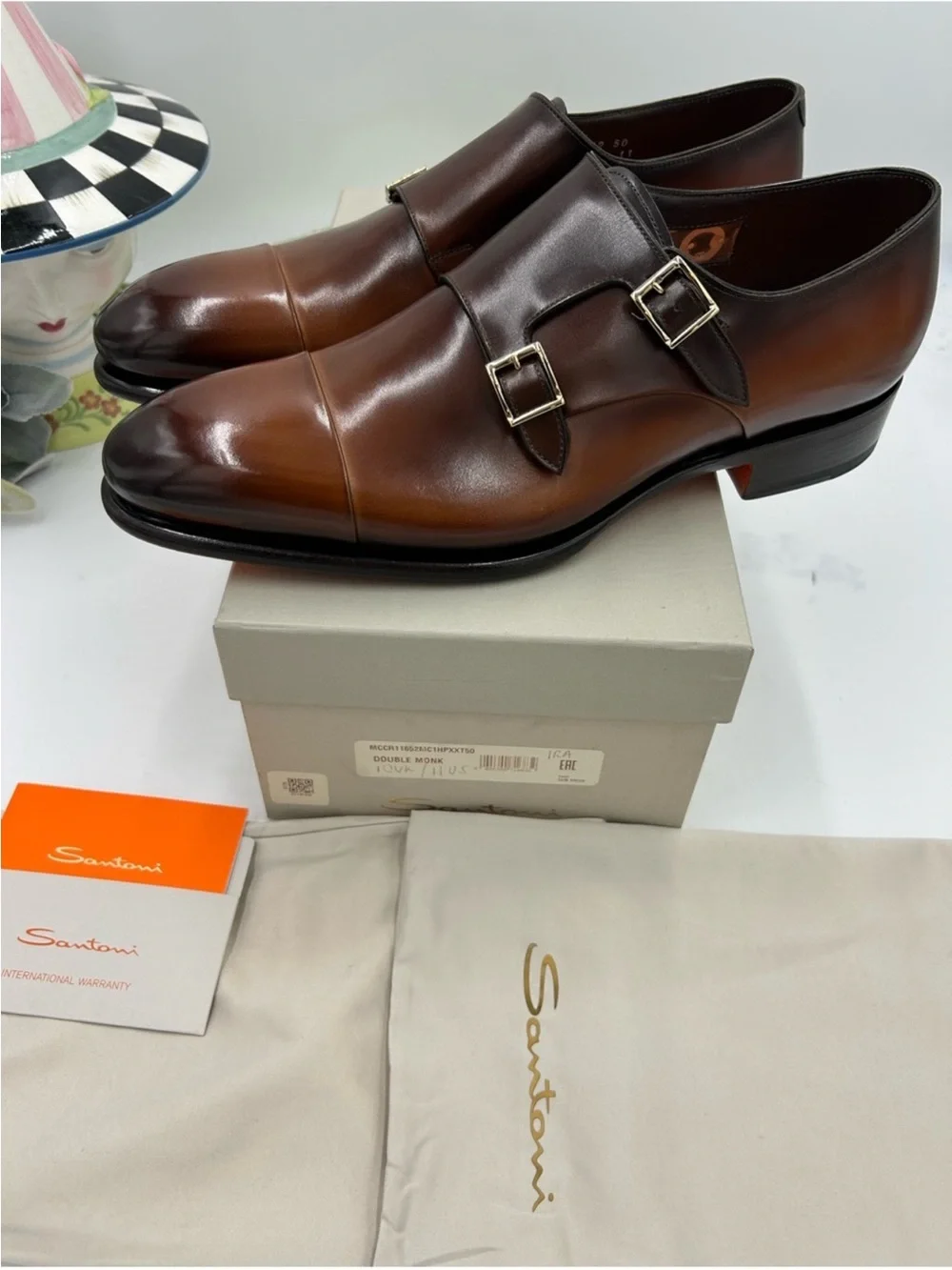 Men’s Santoni Ira double monk strap BURNISHED leather Oxford, size 11 US